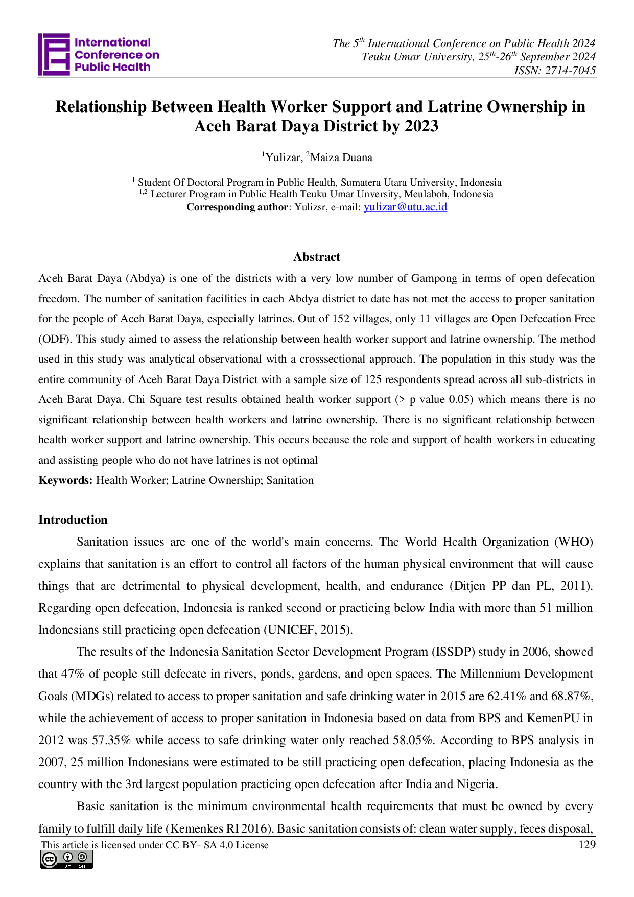 JURIS Relationship Between Health Worker Support and Latrine Ownership in Aceh Barat Daya District by 2023