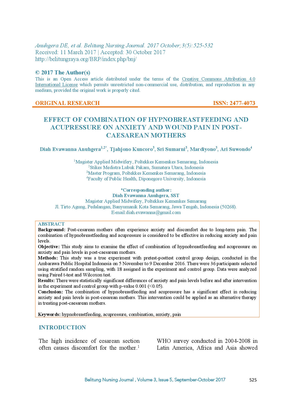 juris Effect Of Combination Of Hypnobreastfeeding And Acupressure On Anxiety And Wound Pain In Post Caesarean Mothers