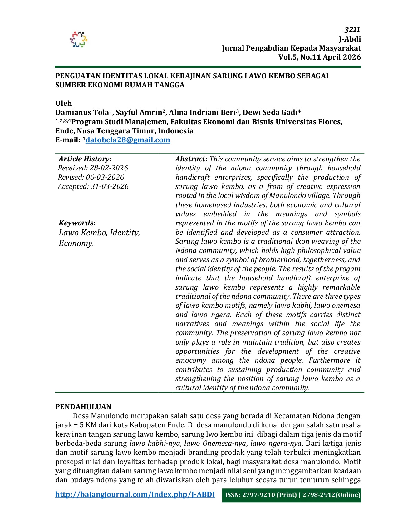 JURIS Penguatan Identitas Lokal Kerajinan Sarung Lawo Kembo Sebagai Sumber Ekonomi Rumah Tangga