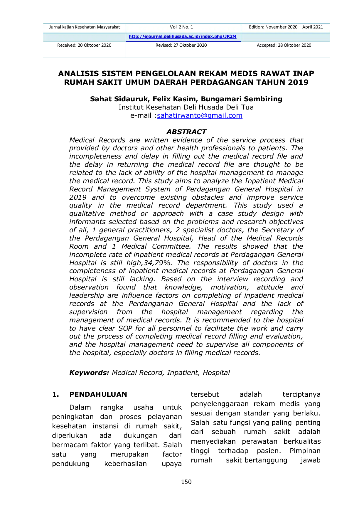 JURIS Analisis Sistem Pengelolaan Rekam Medis Rawat Inap Rumah Sakit Umum Daerah Perdagangan Tahun 2019