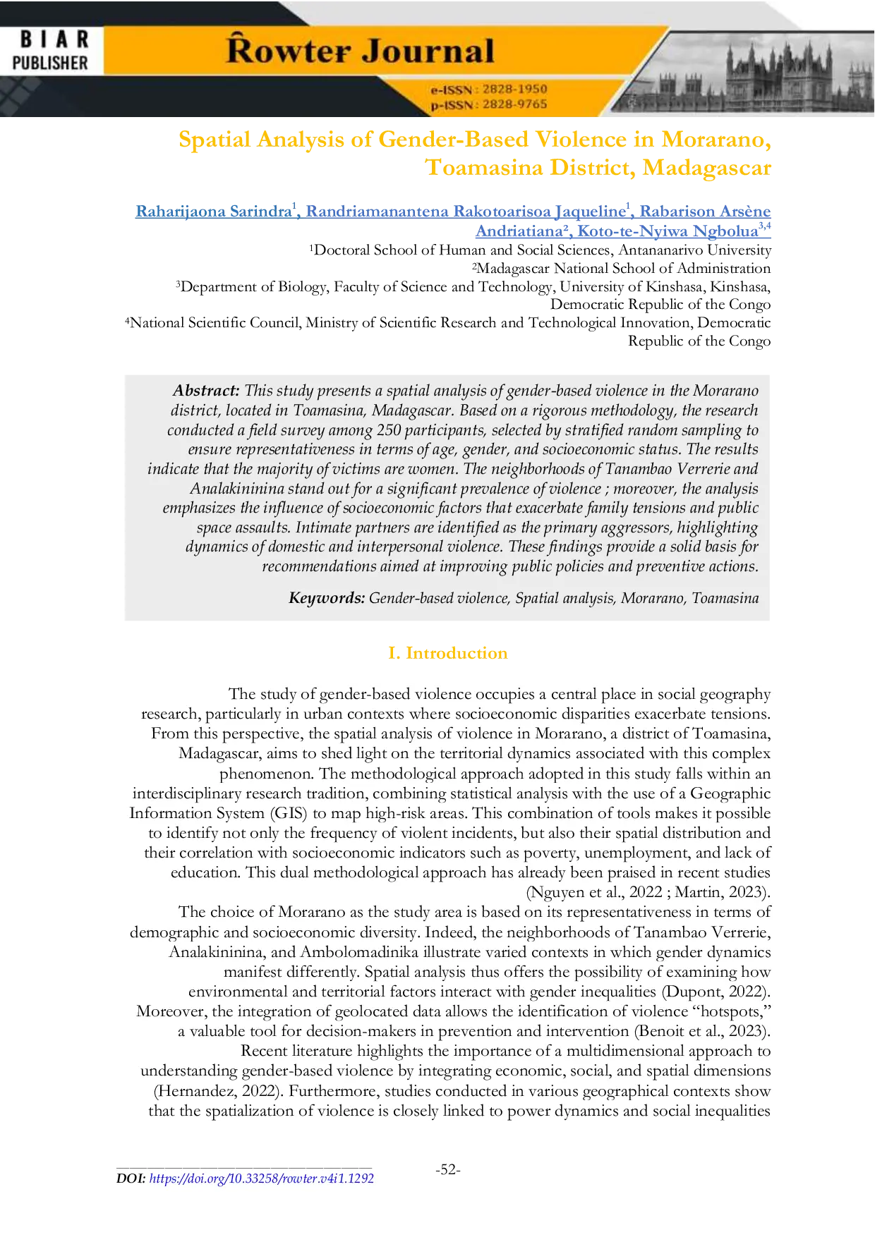 JURIS Spatial Analysis of Gender Based Violence in Morarano Toamasina District Madagascar