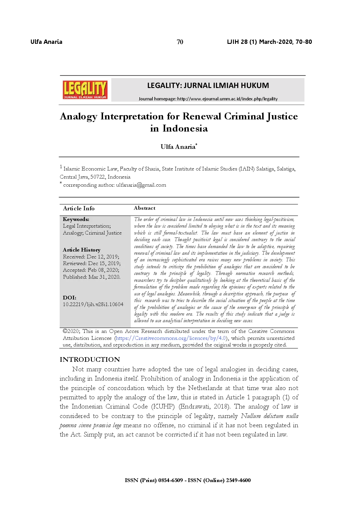 juris Analogy interpretation for renewal criminal justice in Indonesia