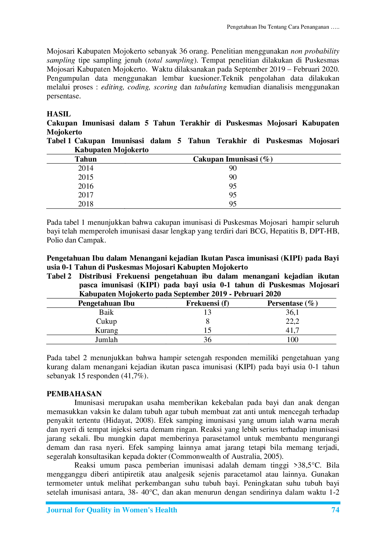 JURIS Pengetahuan Ibu Tentang Cara Penanganan Kejadian Ikutan Paska Imunisasi KIPI Pada Bayi Usia 0 1 Tahun Di Puskesmas Mojosari Kabupaten Mojokerto
