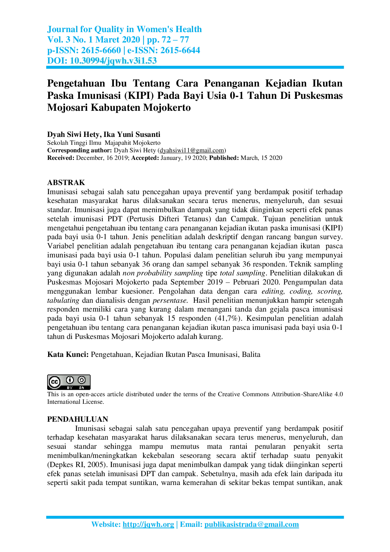 JURIS Pengetahuan Ibu Tentang Cara Penanganan Kejadian Ikutan Paska Imunisasi KIPI Pada Bayi Usia 0 1 Tahun Di Puskesmas Mojosari Kabupaten Mojokerto