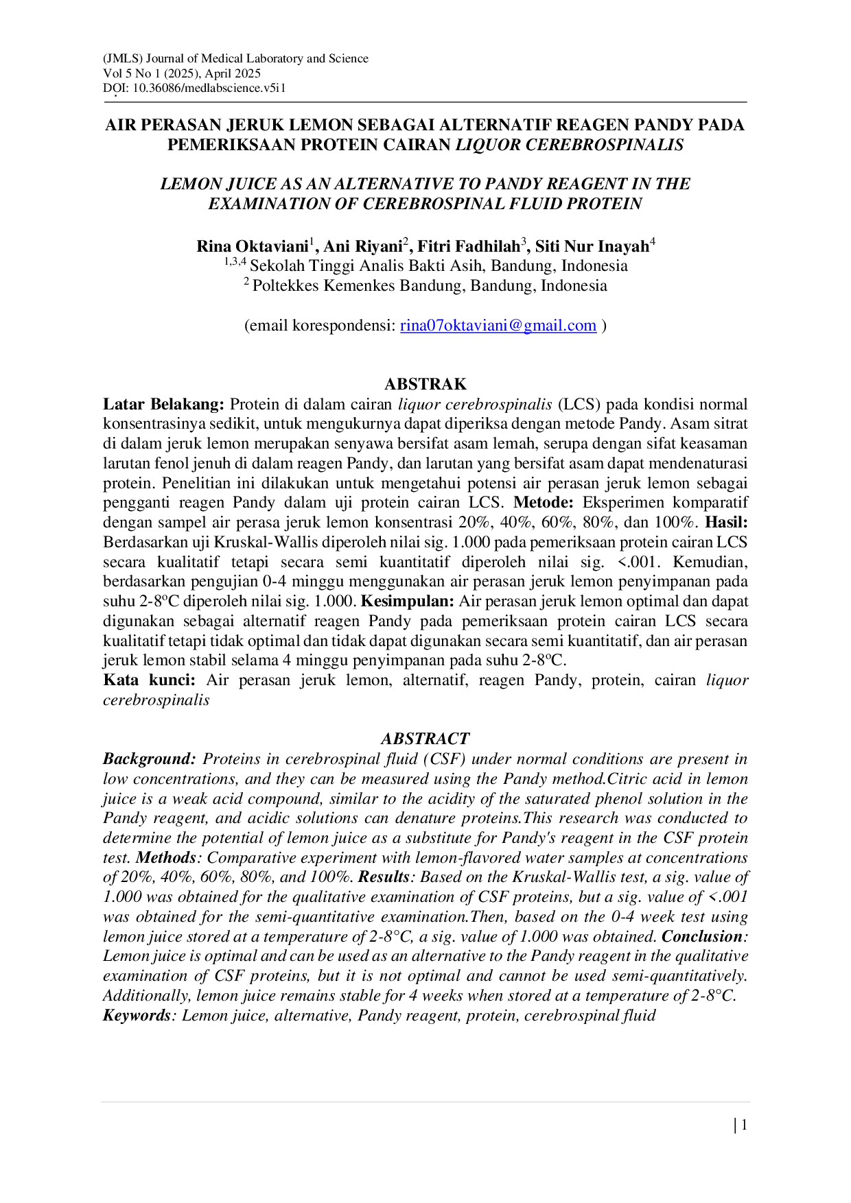 JURIS Air Perasan Jeruk Lemon Sebagai Alternatif Reagen Pandy Pada Pemeriksaan Protein Cairan Liquor Cerebrospinalis