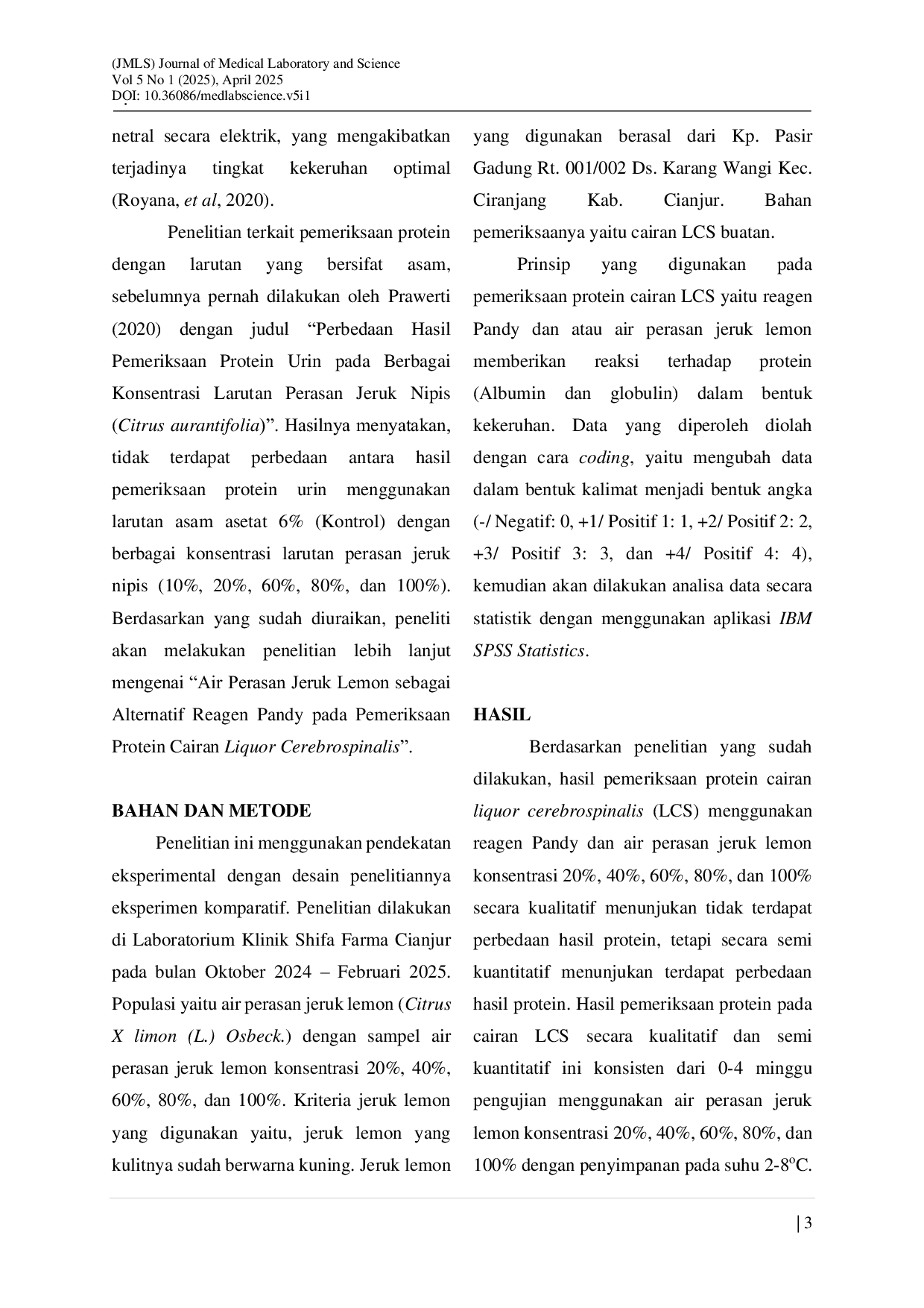 JURIS Air Perasan Jeruk Lemon Sebagai Alternatif Reagen Pandy Pada Pemeriksaan Protein Cairan Liquor Cerebrospinalis