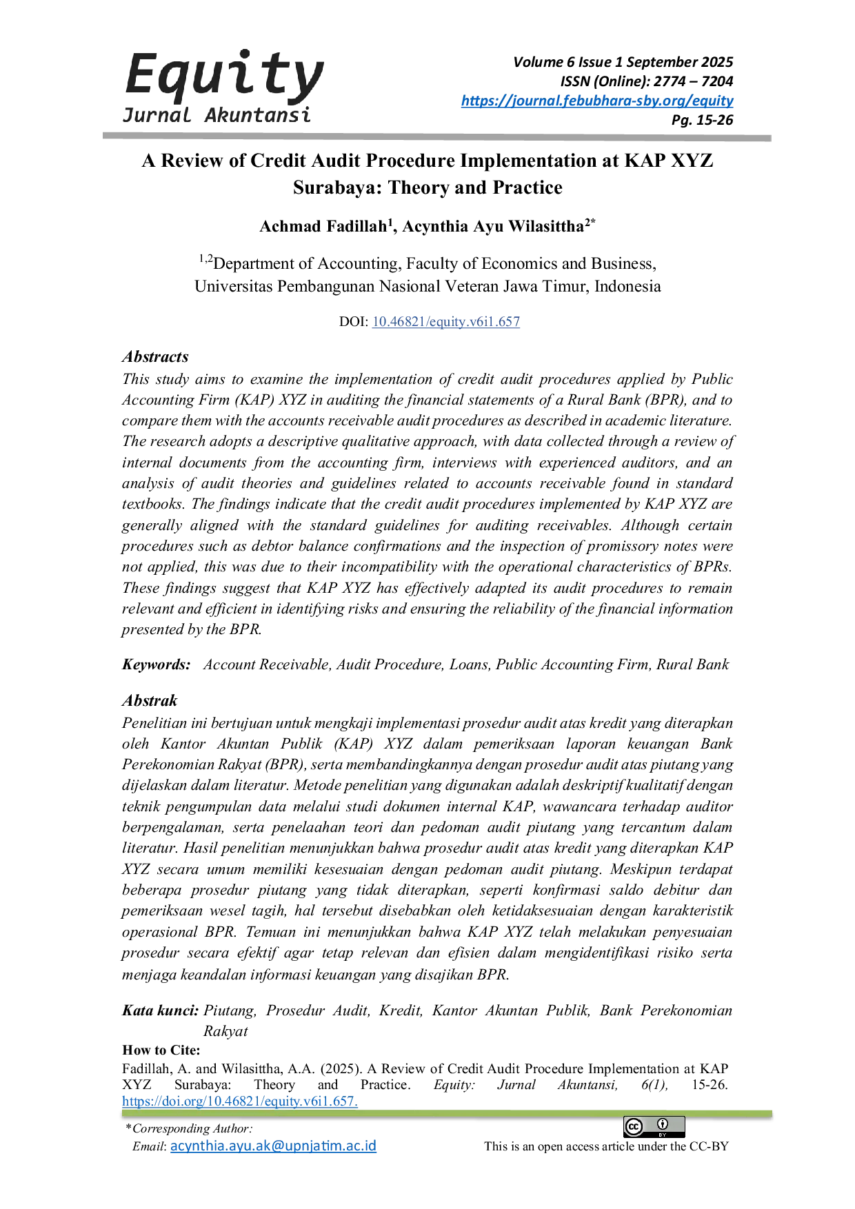 JURIS A Review of Credit Audit Procedure Implementation at KAP XYZ Surabaya Theory and Practice