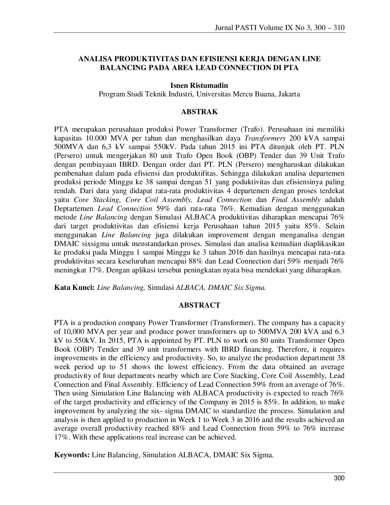 JURIS Analisa Produktivitas dan Efisiensi Kerja dengan Line Balancing pada Area Lead Connection di PTA