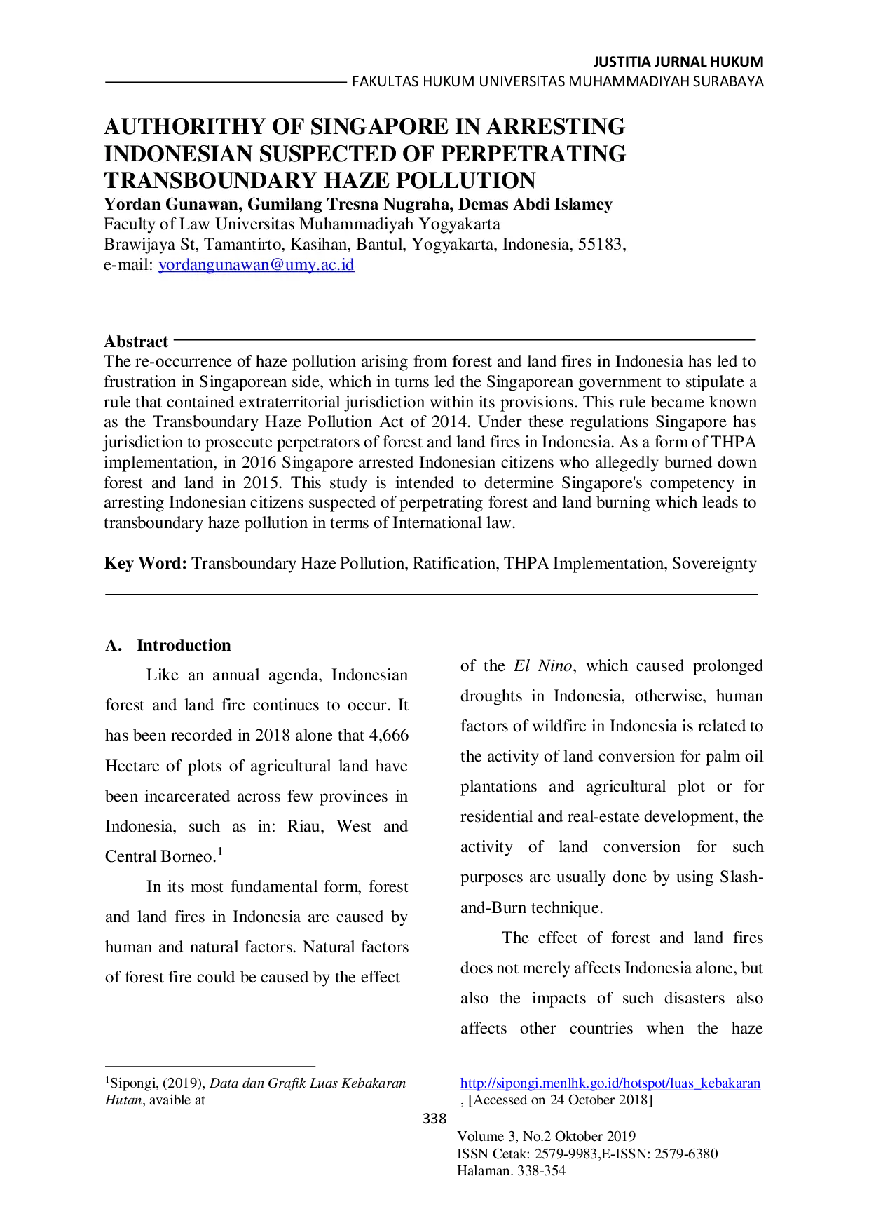 JURIS Authority of Singapore in Arresting Indonesian Suspected of Perperating Transboundary Haze Pollution