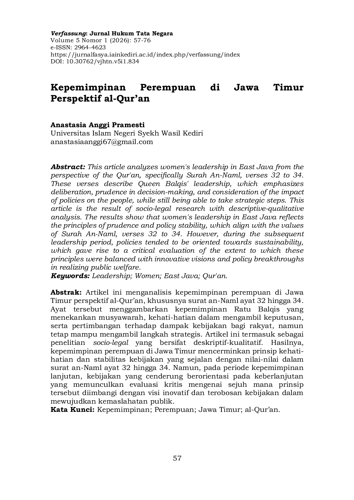 JURIS Kepemimpinan Perempuan di Jawa Timur Perspektif al Qur an
