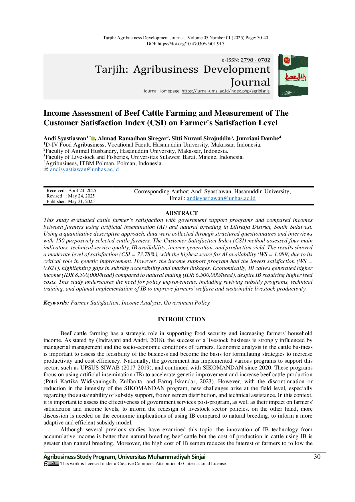 JURIS Income Assessment of Beef Cattle Farming and Measurement of The Customer Satisfaction Index CSI on Farmer s Satisfaction Level