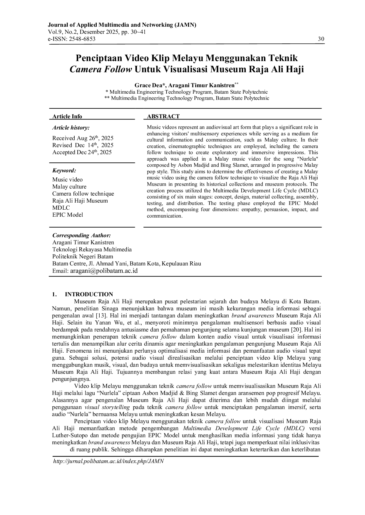 JURIS Penciptaan Video Klip Melayu Menggunakan Teknik Camera Follow Untuk Visualisasi Museum Raja Ali Haji