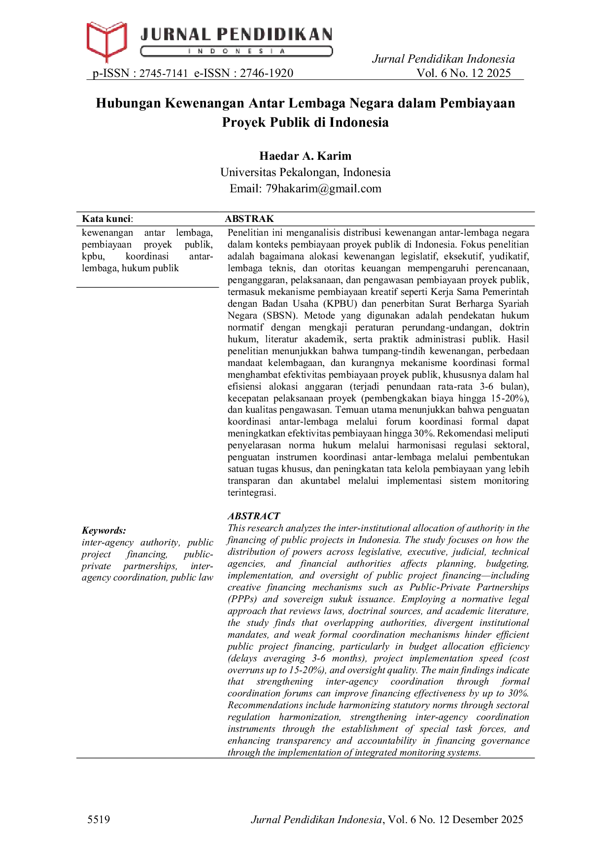 JURIS Hubungan Kewenangan Antar Lembaga Negara dalam Pembiayaan Proyek Publik di Indonesia