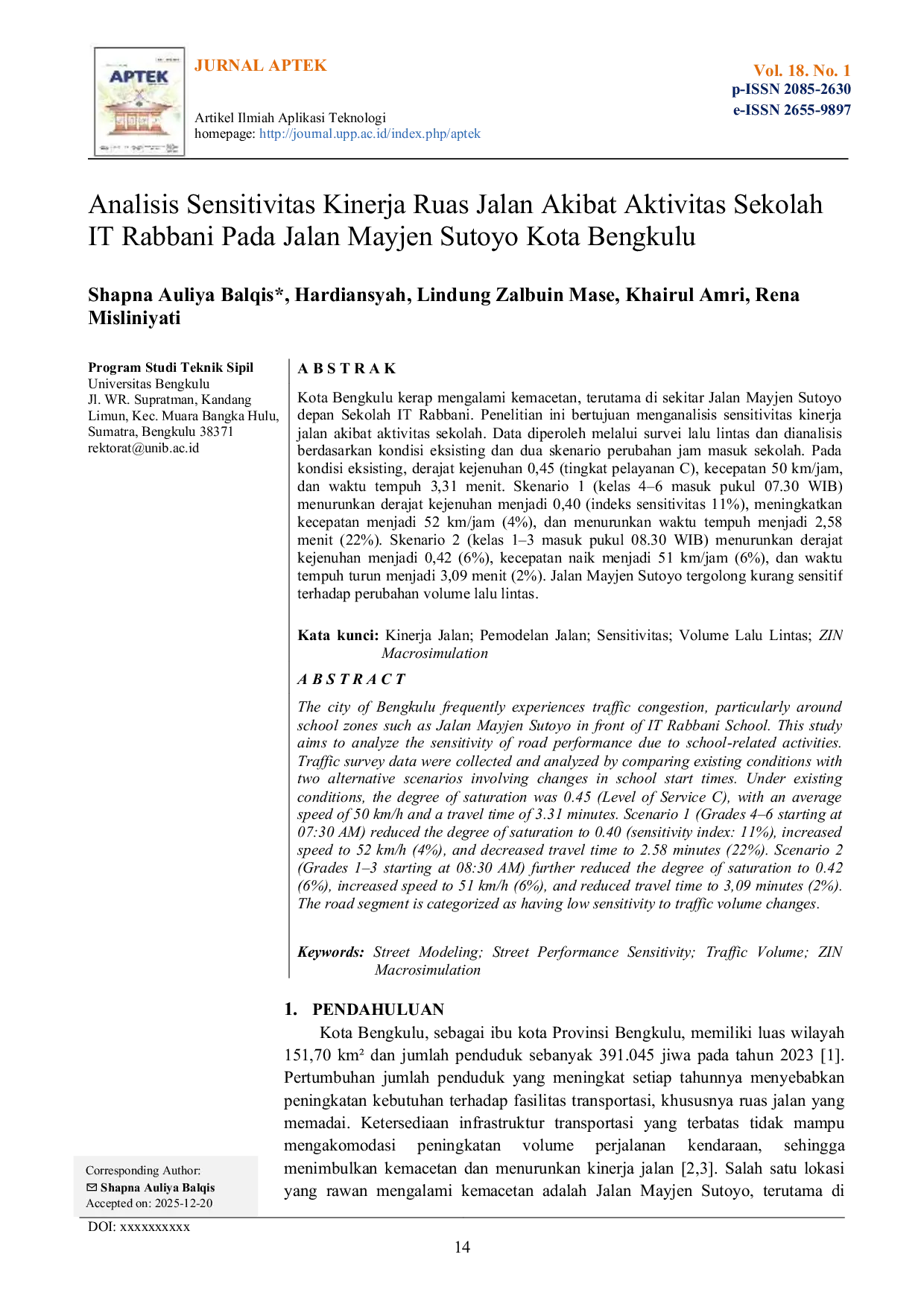 JURIS Analisis Sensitivitas Kinerja Ruas Jalan Akibat Aktivitas Sekolah IT Rabbani Pada Jalan Mayjen Sutoyo Kota Bengkulu