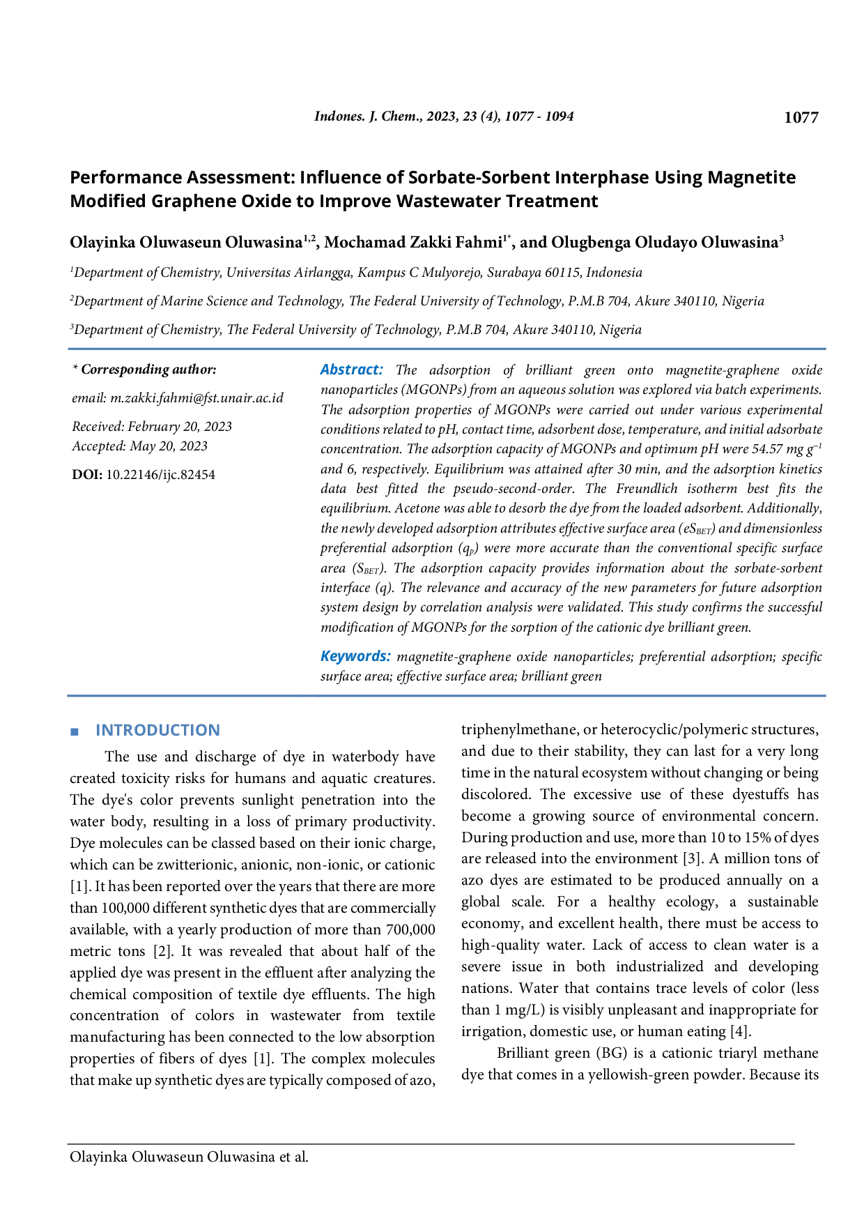 JURIS Performance Assessment Influence of Sorbate Sorbent Interphase Using Magnetite Modified Graphene Oxide to Improve Wastewater Treatment
