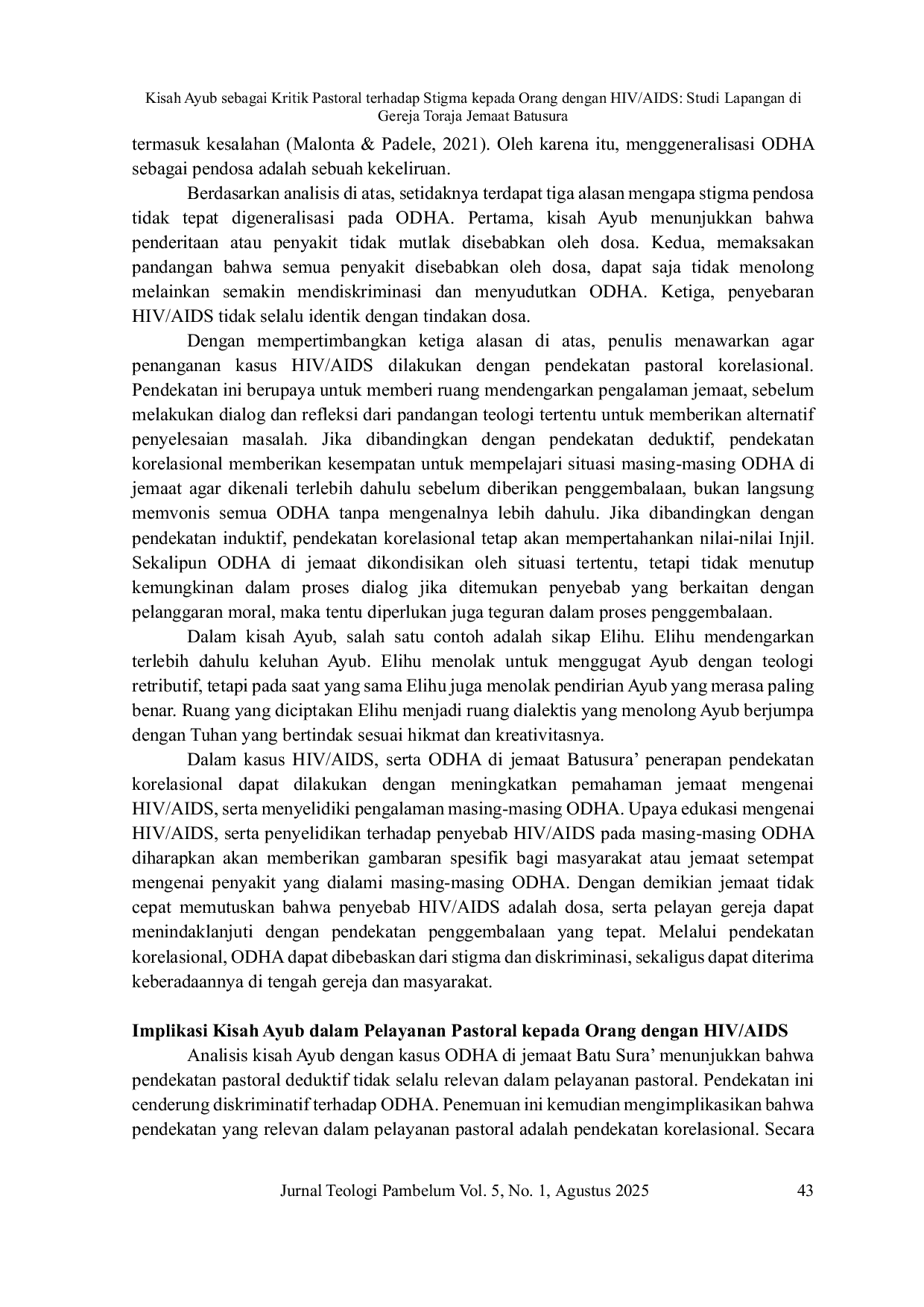 JURIS Kisah Ayub Sebagai Kritik Pastoral Terhadap Stigma Kepada Orang Dengan Hiv Aids Studi Lapangan Di Gereja Toraja Jemaat Batusura