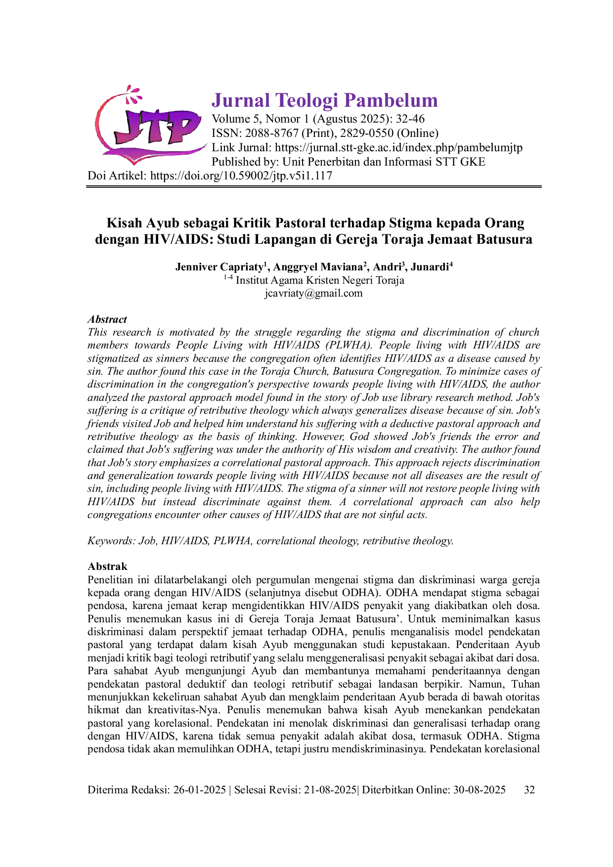 JURIS Kisah Ayub Sebagai Kritik Pastoral Terhadap Stigma Kepada Orang Dengan Hiv Aids Studi Lapangan Di Gereja Toraja Jemaat Batusura
