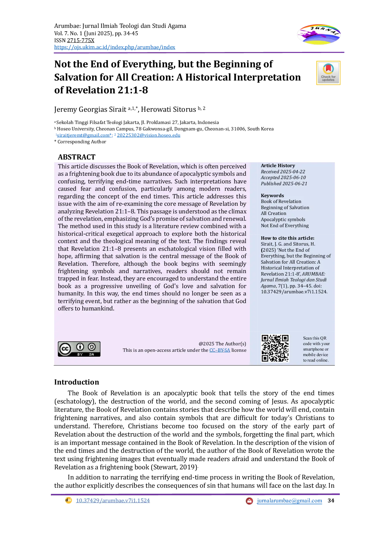 JURIS Not the End of Everything but the Beginning of Salvation for All Creation A Historical Interpretation of Revelation 21 1 8