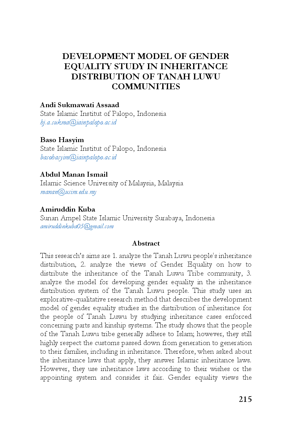 juris Development Model of Gender Equality Study in Inheritance Distribution of Tanah Luwu Communities