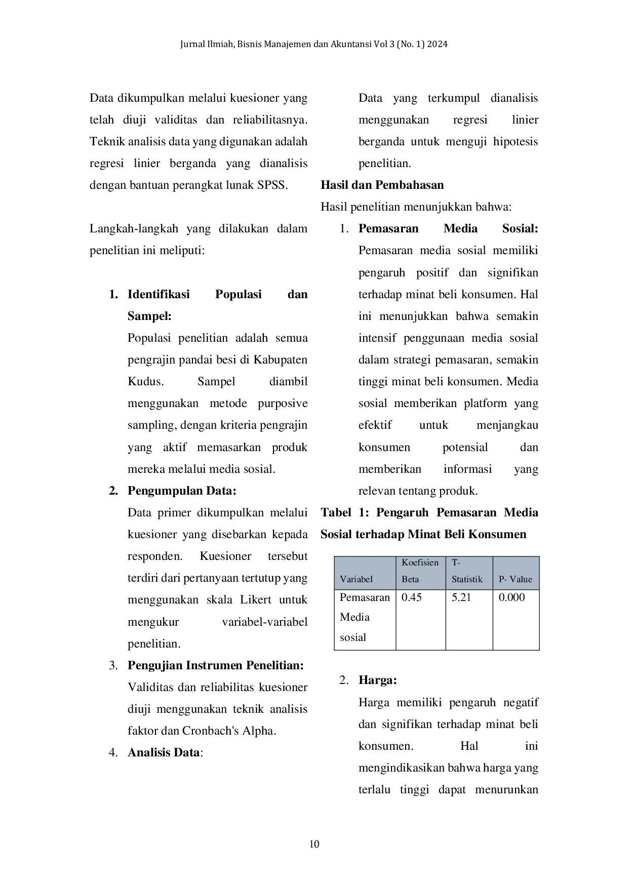 JURIS Pengaruh Pemasaran Media Sosial Harga dan Kualitas Produk terhadap Minat Beli Konsumen Studi Kasus UMKM Pengrajin Pandai Besi Kudus