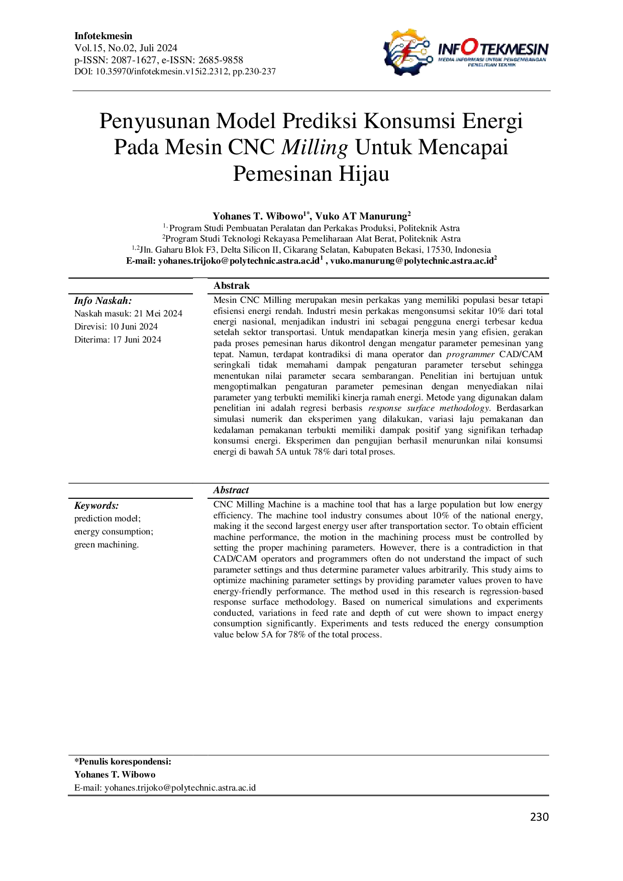 JURIS Penyusunan Model Prediksi Konsumsi Energi pada Mesin CNC Milling untuk Mencapai Pemesinan Hijau