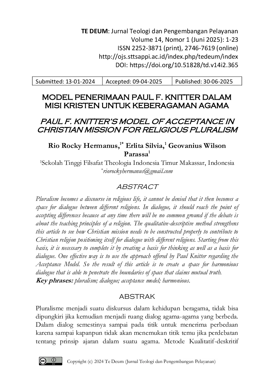 JURIS Model Penerimaan Paul F Knitter Dalam Misi Kristen untuk Keberagaman Agama