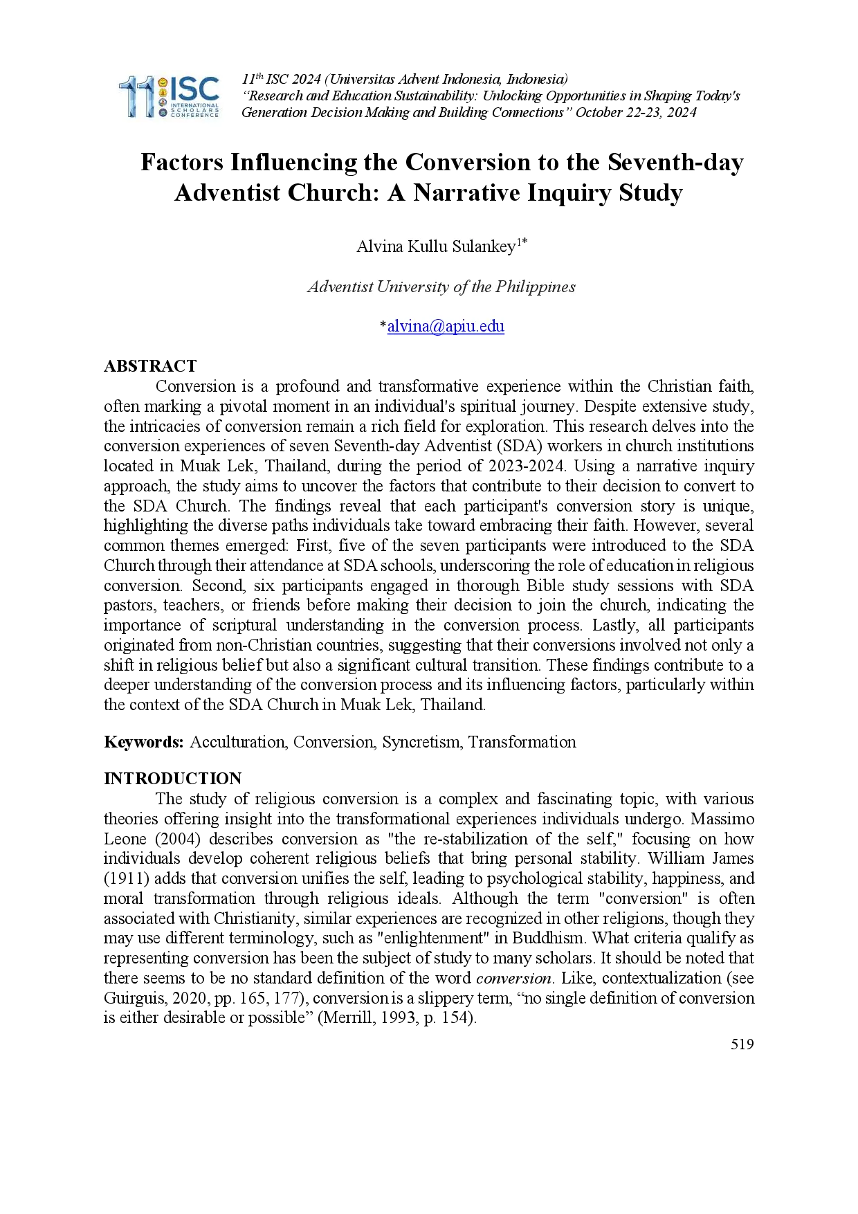 juris Factors Influencing the Conversion to the Seventh day Adventist Church A Narrative Inquiry Study