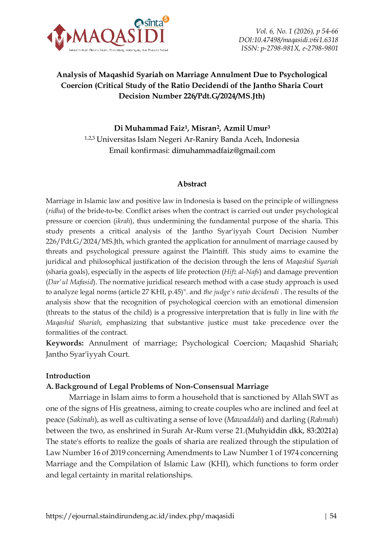 JURIS Analysis of Maqashid Syariah on Marriage Annulment Due to Psychological Coercion Critical Study of the Ratio Decidendi of the Jantho Sharia Court Decision Number 226 Pdt G 2024 MS Jth