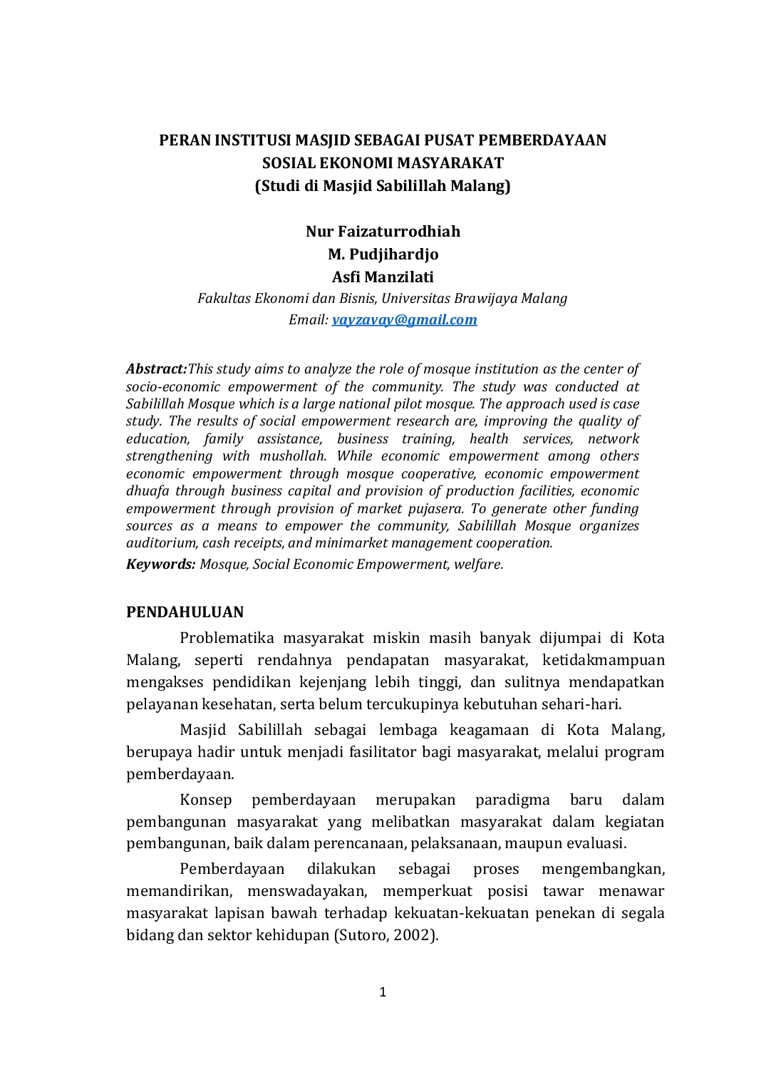JURIS PERAN INSTITUSI MASJID SEBAGAI PUSAT PEMBERDAYAAN SOSIAL EKONOMI MASYARAKAT Studi di Masjid Sabilillah Malang