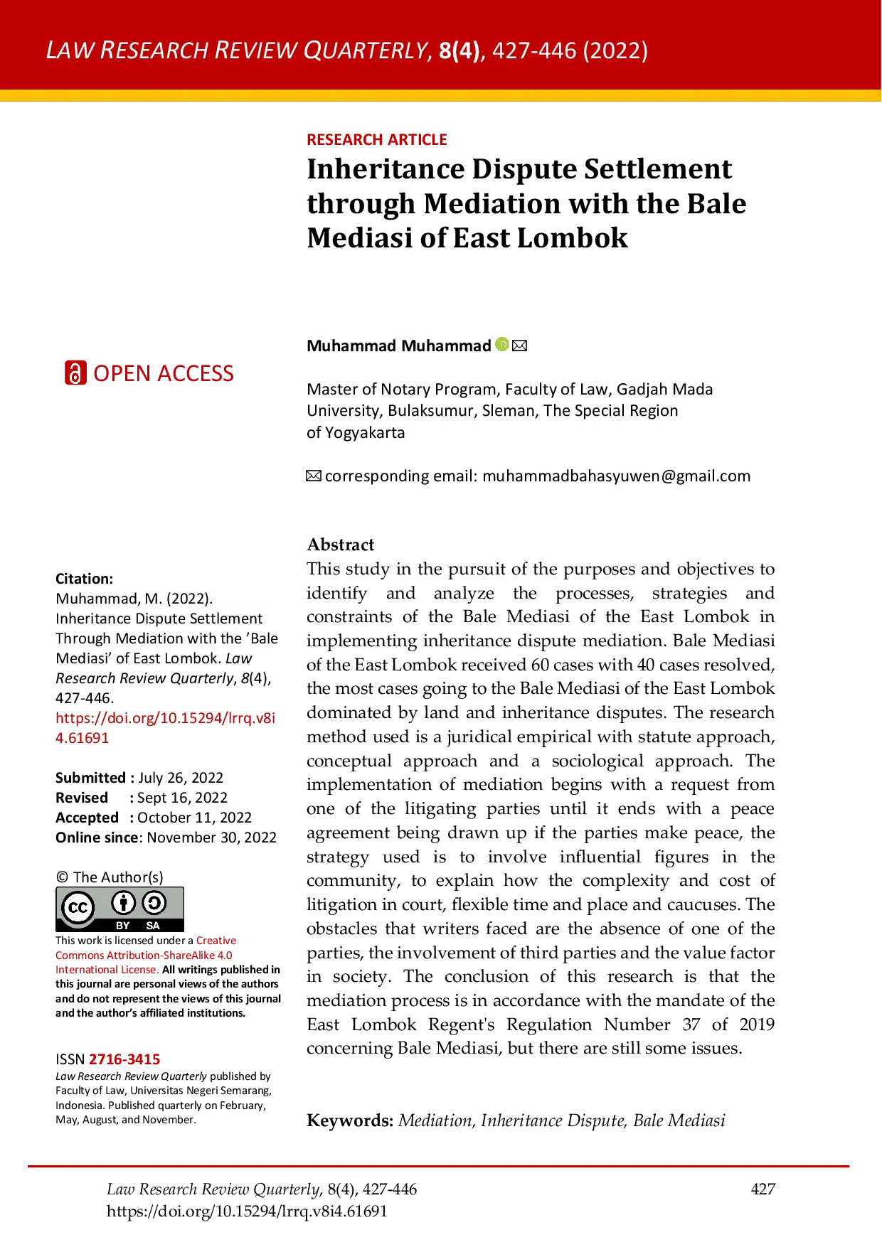 JURIS Inheritance Dispute Settlement Through Mediation with the Bale Mediasi of East Lombok