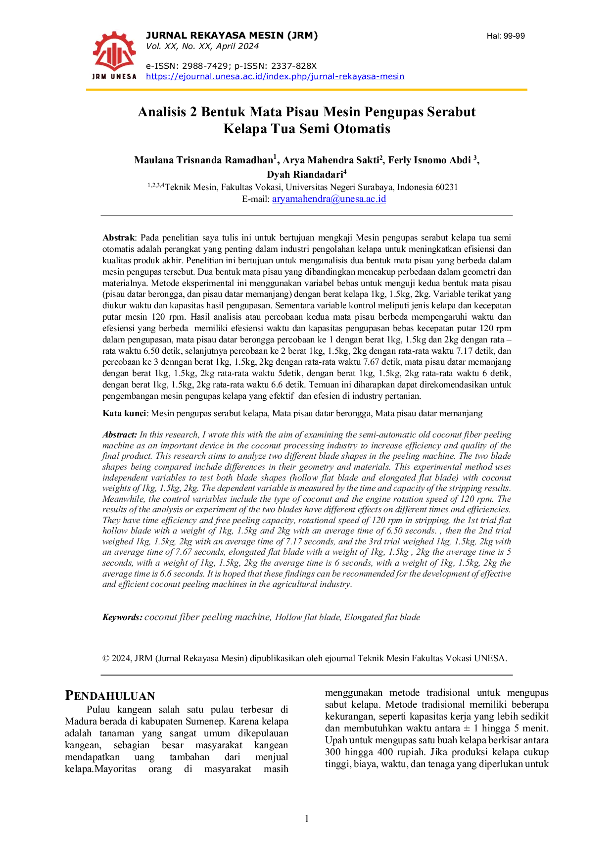 JURIS Analisis 2 Bentuk Mata Pisau Mesin Pengupas Serabut Kelapa Tua Semi Otomatis