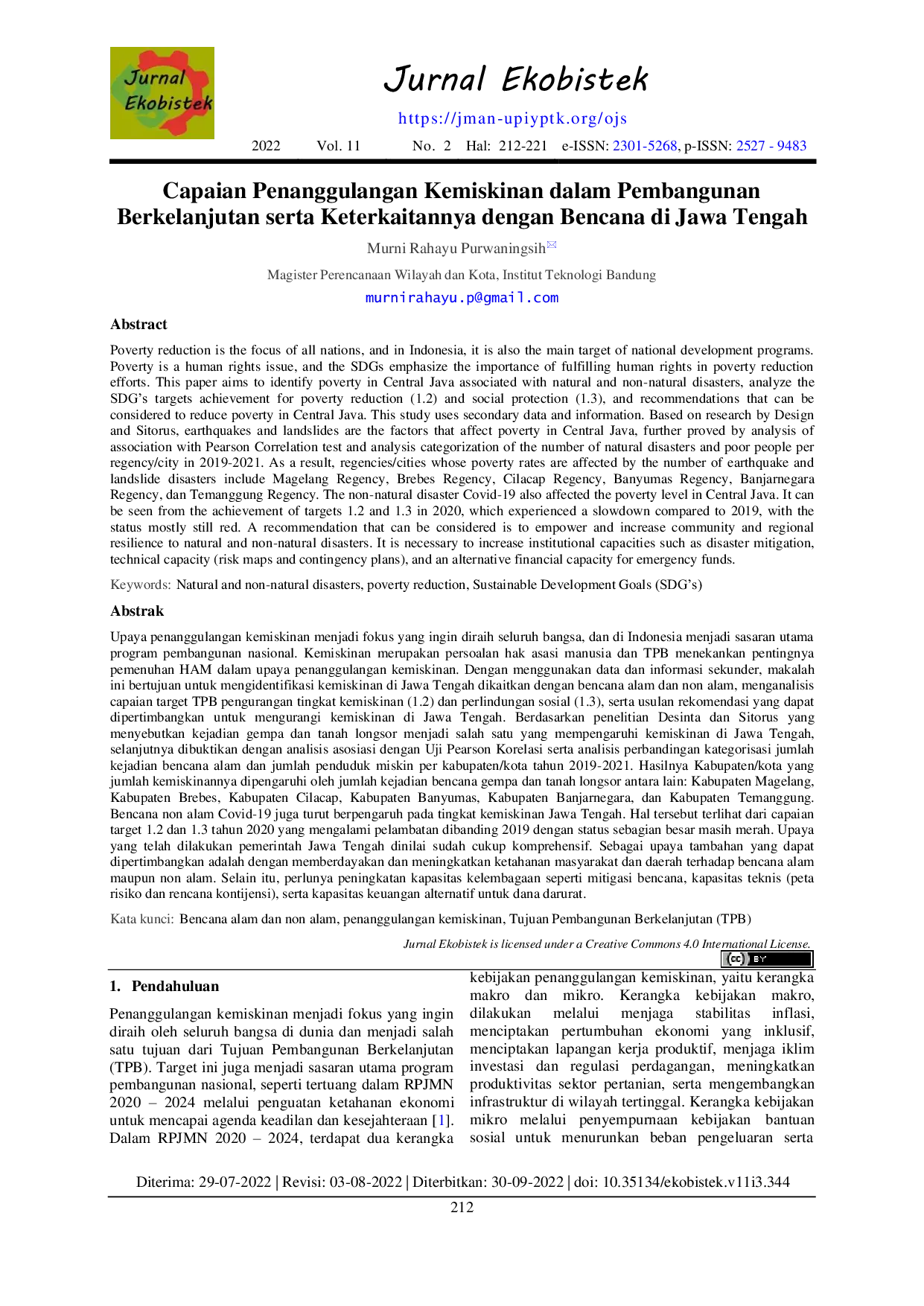 JURIS Capaian Penanggulangan Kemiskinan dalam Pembangunan Berkelanjutan serta Keterkaitannya dengan Bencana di Jawa Tengah