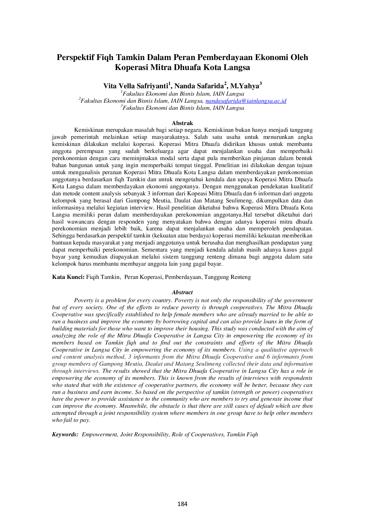 JURIS Perspektif Fiqh Tamkin dalam Peran Pemberdayaan Ekonomi oleh Koperasi Mitra Dhuafa Kota Langsa
