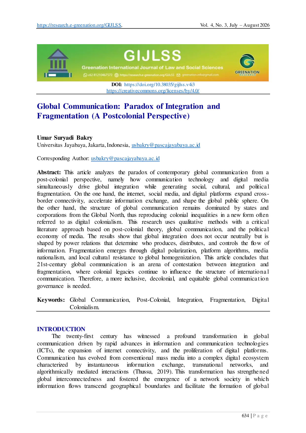 JURIS Global Communication Paradox of Integration and Fragmentation A Postcolonial Perspective