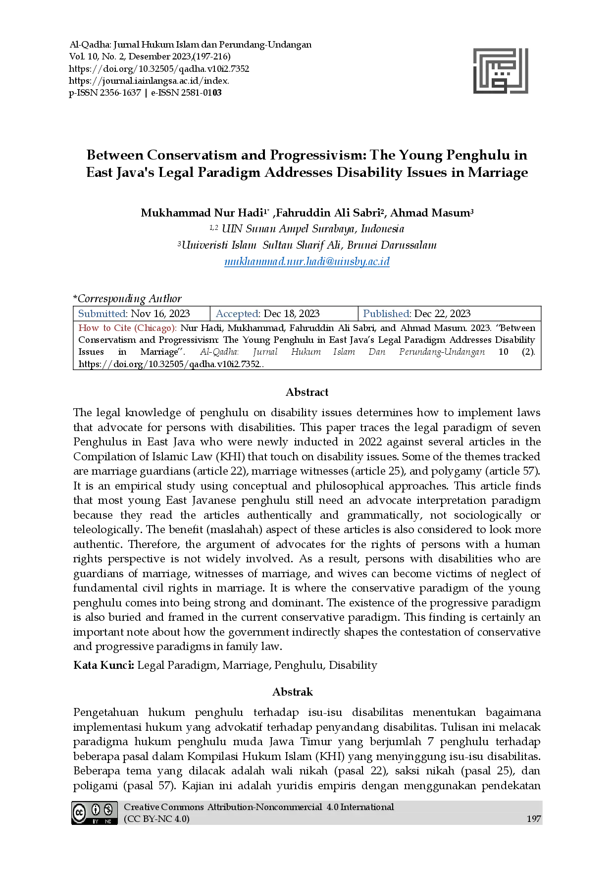 juris Between Conservatism and Progressivism The Young Penghulu in East Java s Legal Paradigm Addresses Disability Issues in Marriage