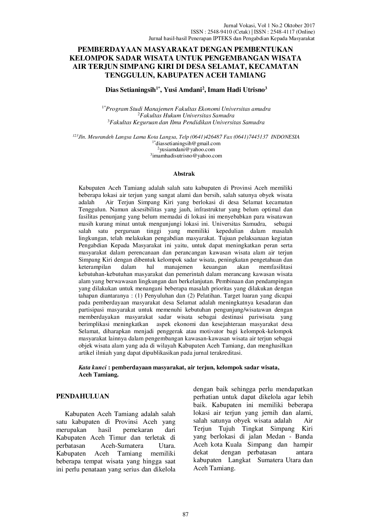 JURIS Pemberdayaan Masyarakat Dengan Pembentukan Kelompok Sadar Wisata Untuk Pengembangan Wisata Air Terjun Simpang Kiri Di Desa Selamat Kecamatan Tenggulun Kabupaten Aceh Tamiang