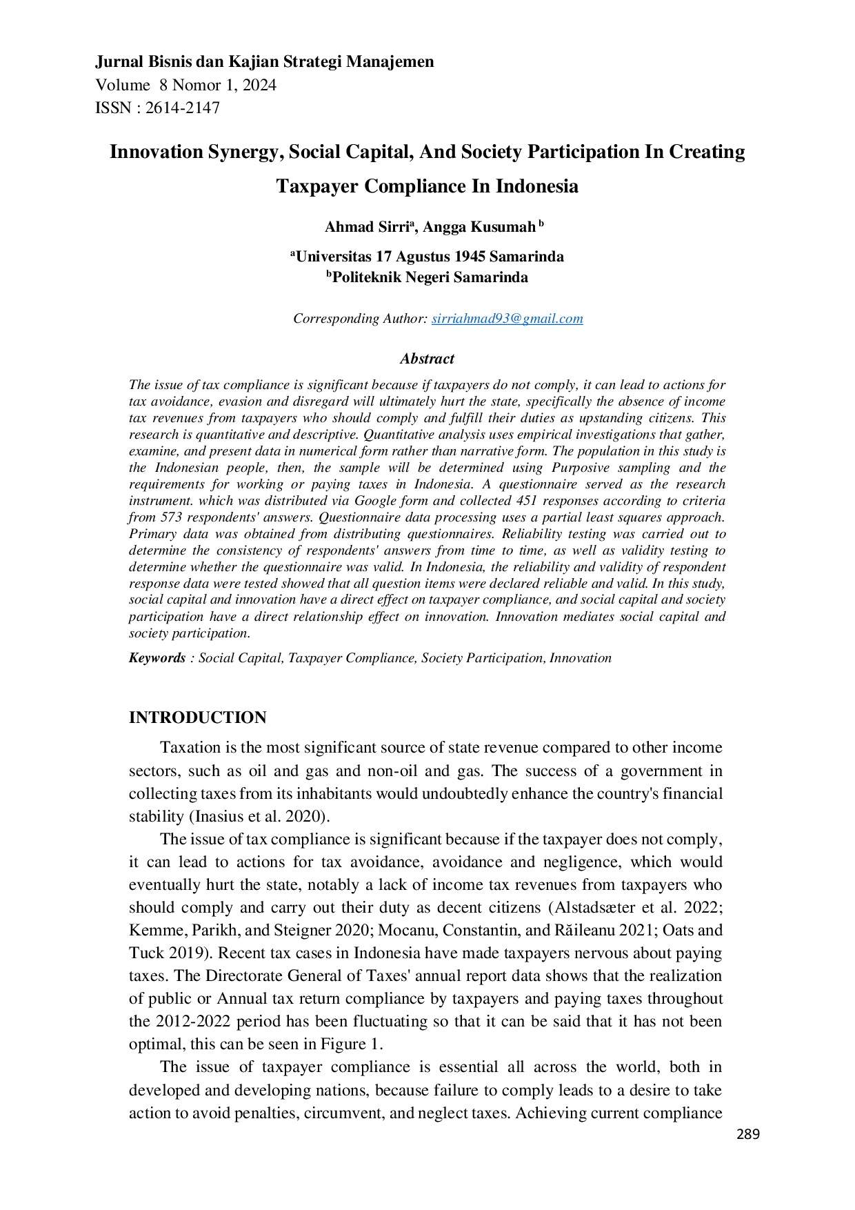 JURIS Innovation Synergy Social Capital and Society Participation in Creating Taxpayer Compliance