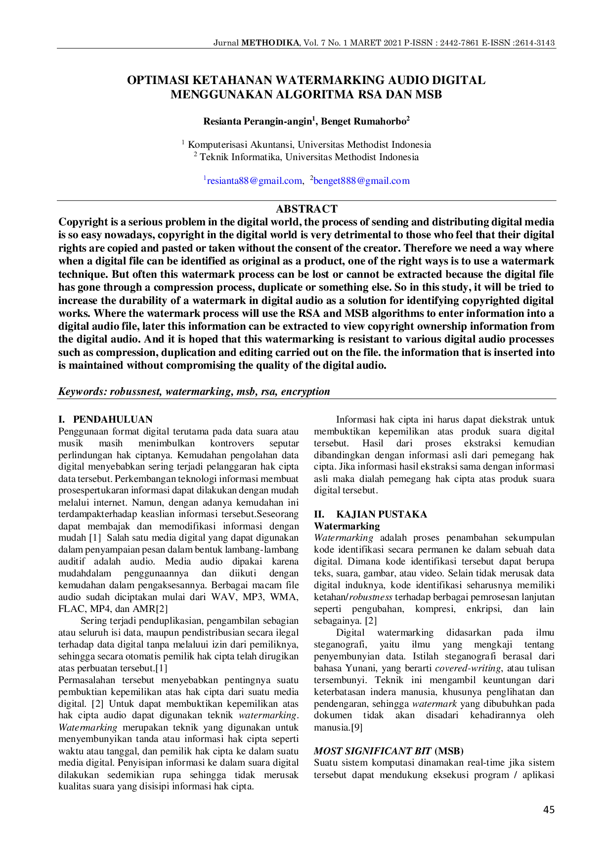 JURIS Optimasi Ketahanan Watermarking Audio Digital Menggunakan Algoritma RSA Dan MSB