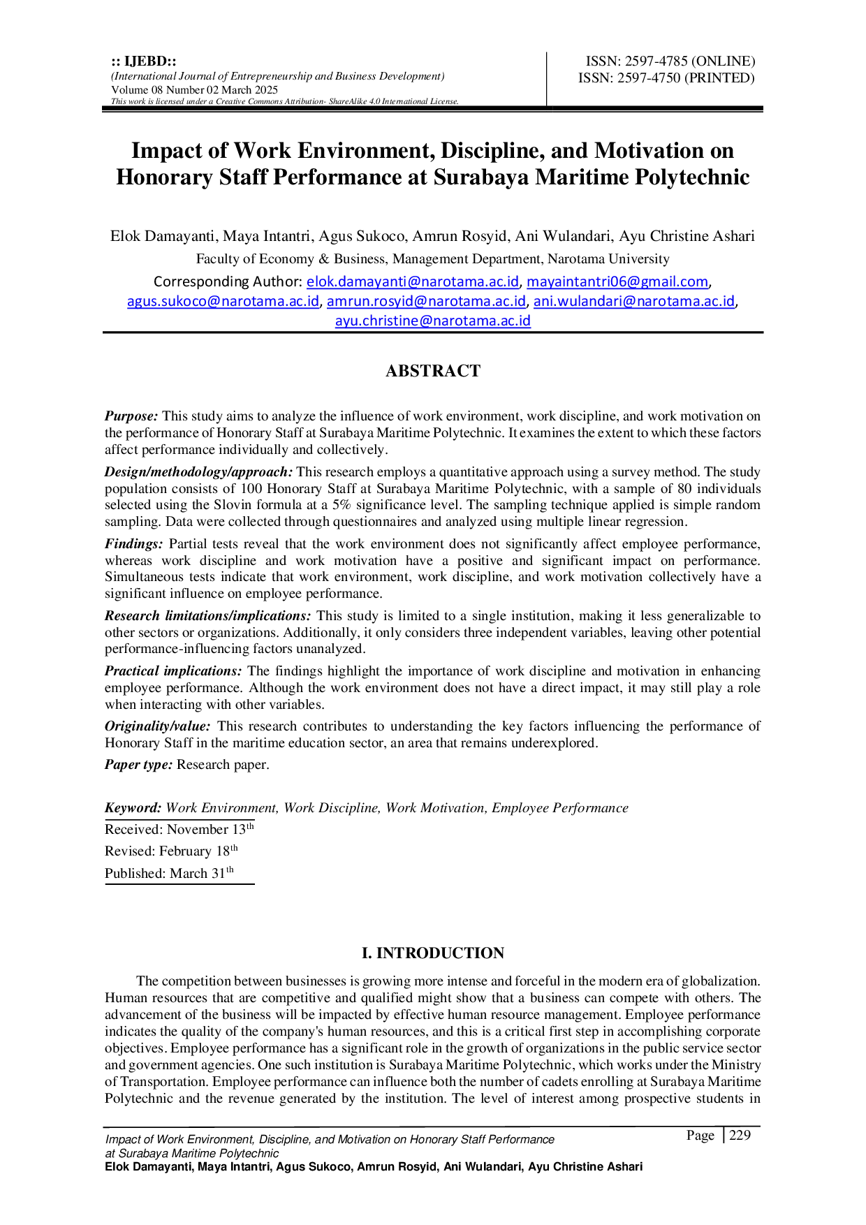 JURIS Impact of Work Environment Discipline and Motivation on Honorary Staff Performance at Surabaya Maritime Polytechnic