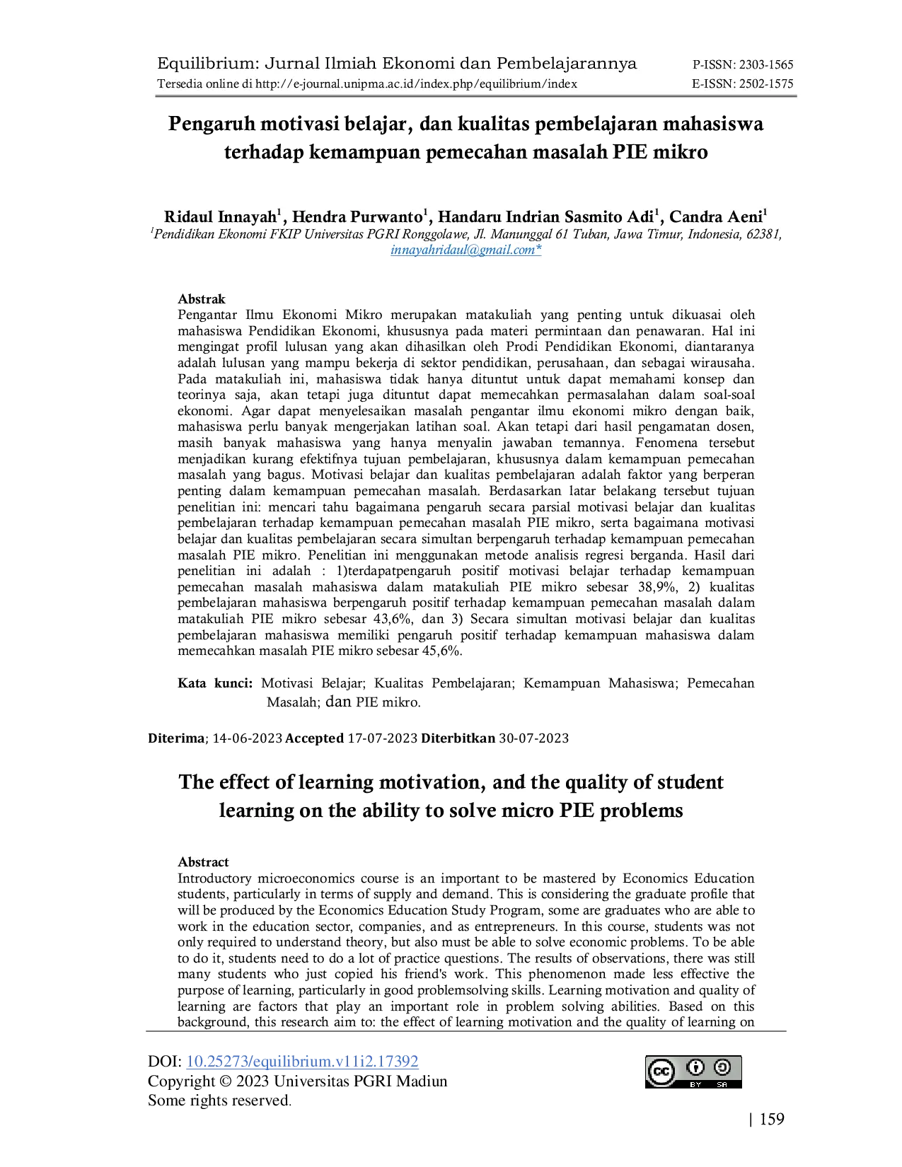 JURIS Pengaruh motivasi belajar dan kualitas pembelajaran mahasiswa terhadap kemampuan pemecahan masalah PIE mikro