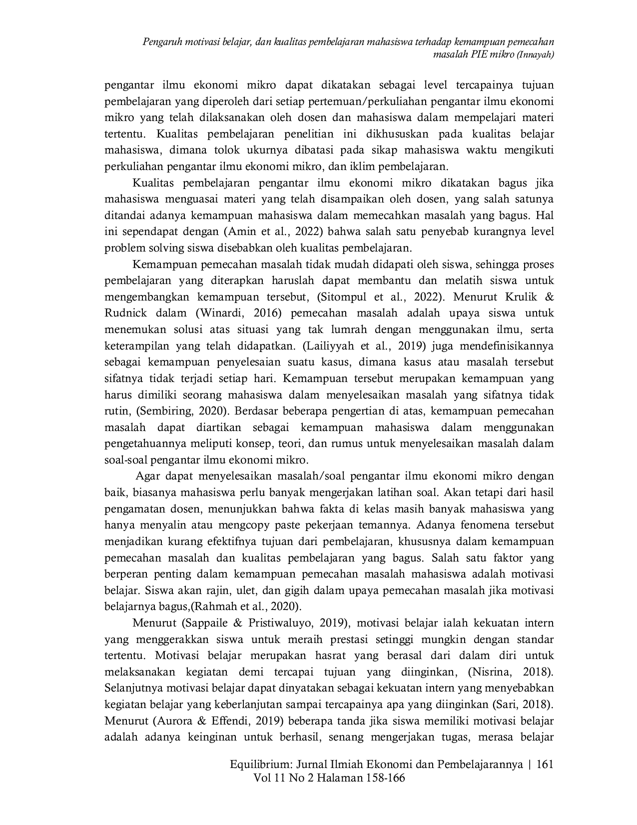 JURIS Pengaruh motivasi belajar dan kualitas pembelajaran mahasiswa terhadap kemampuan pemecahan masalah PIE mikro