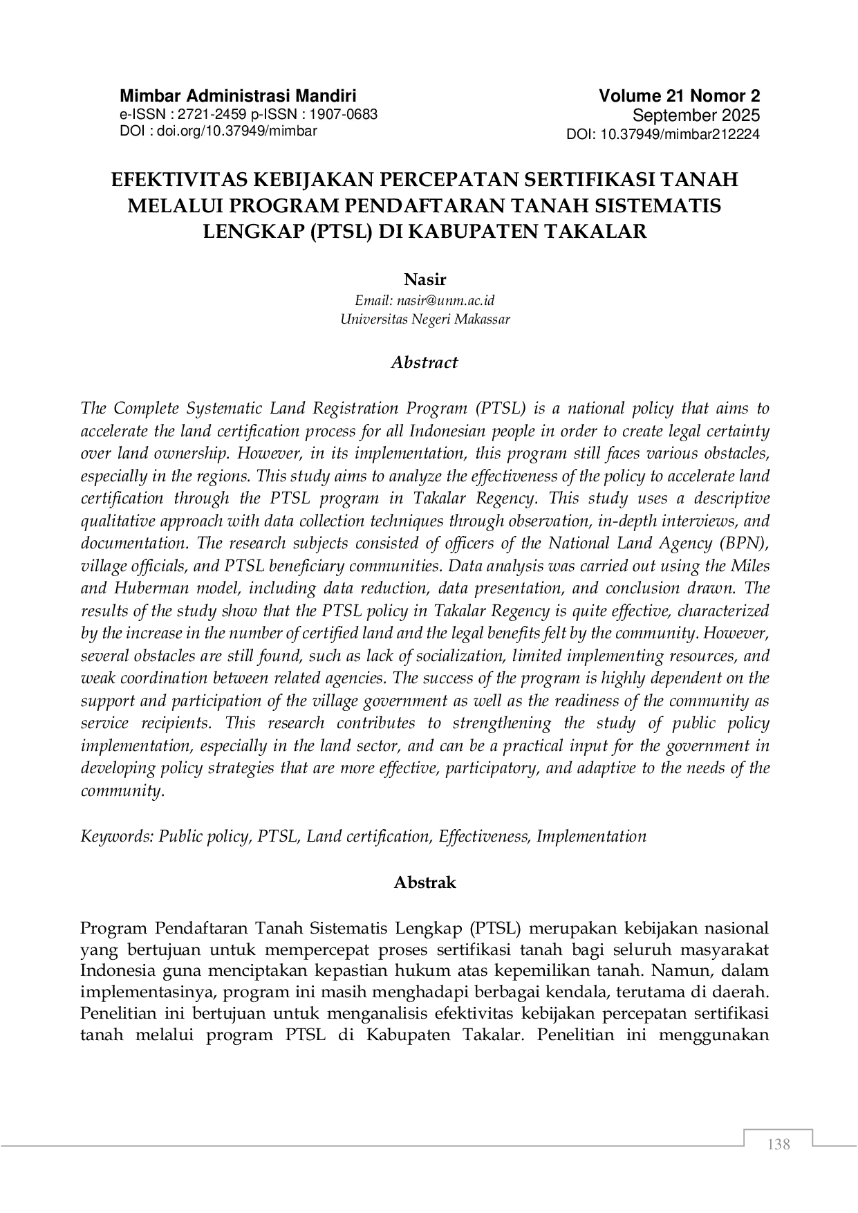JURIS Efectivitas Kebijakan Percepatan Sertifikasi Tanah Melalui Program Pendaftaran Tanah Sistematis Lengkap Ptsl Di Kabupaten Takalar