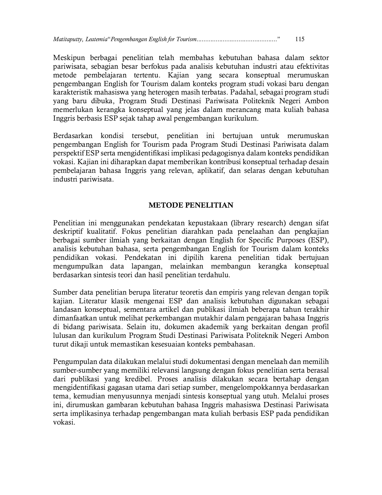 JURIS Pengembangan English for Tourism pada Program Destinasi Pariwisata Perspektif ESP dan Implikasi Pedagogis