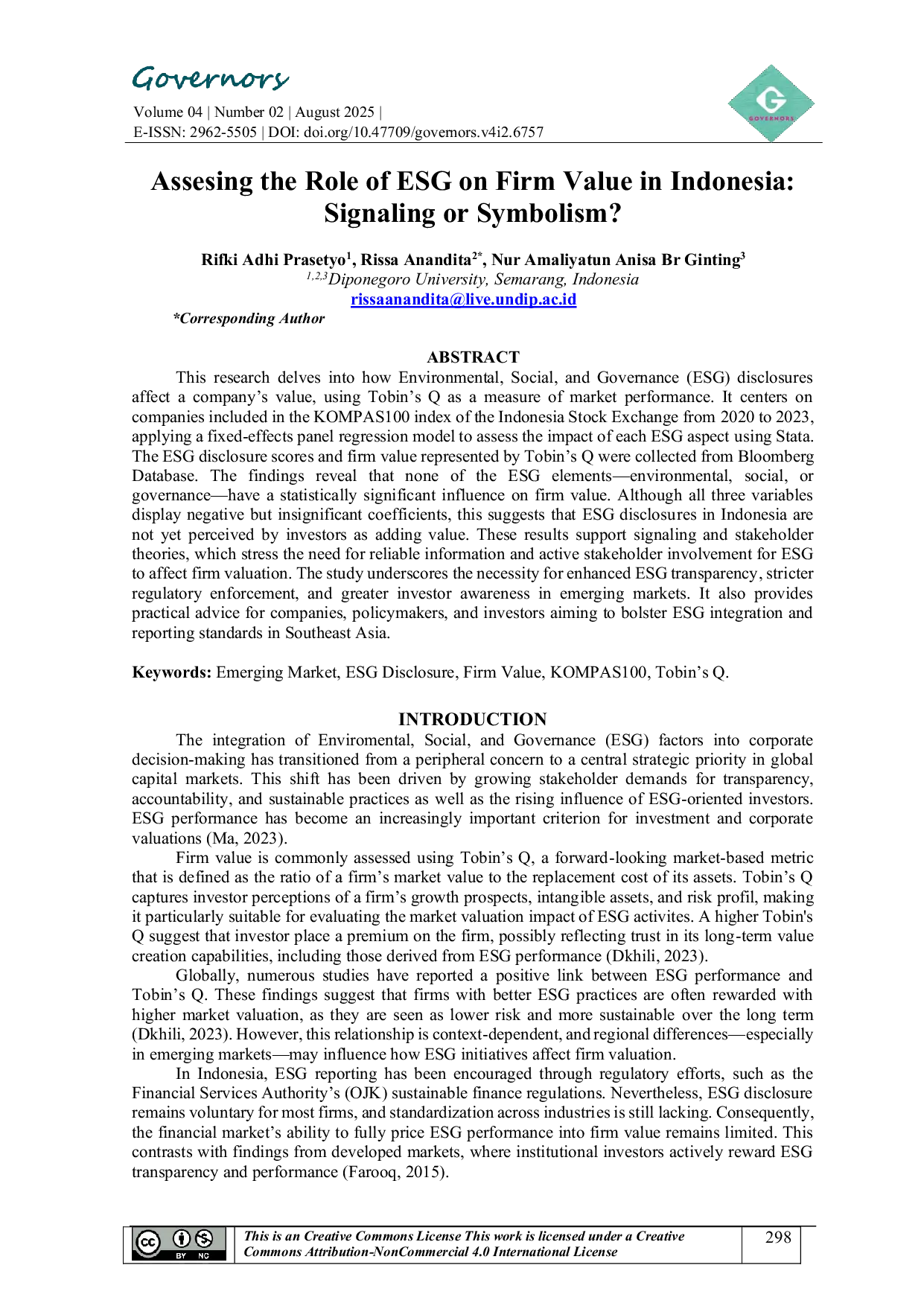 JURIS Assessing the Role of ESG on Firm Value in Indonesia Signaling or Symbolism