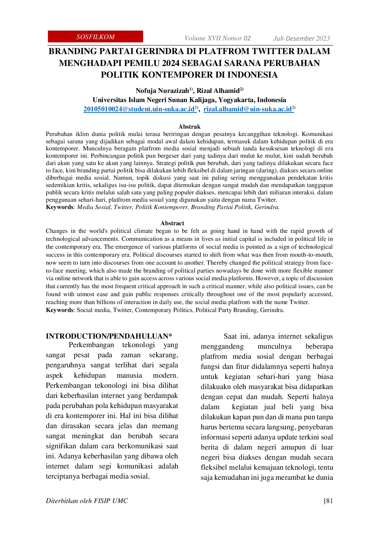 JURIS Branding Partai Gerindra Di Platfrom Twitter Dalam Menghadapi Pemilu 2024 Sebagai Sarana Perubahan Politik Kontemporer Di Indonesia