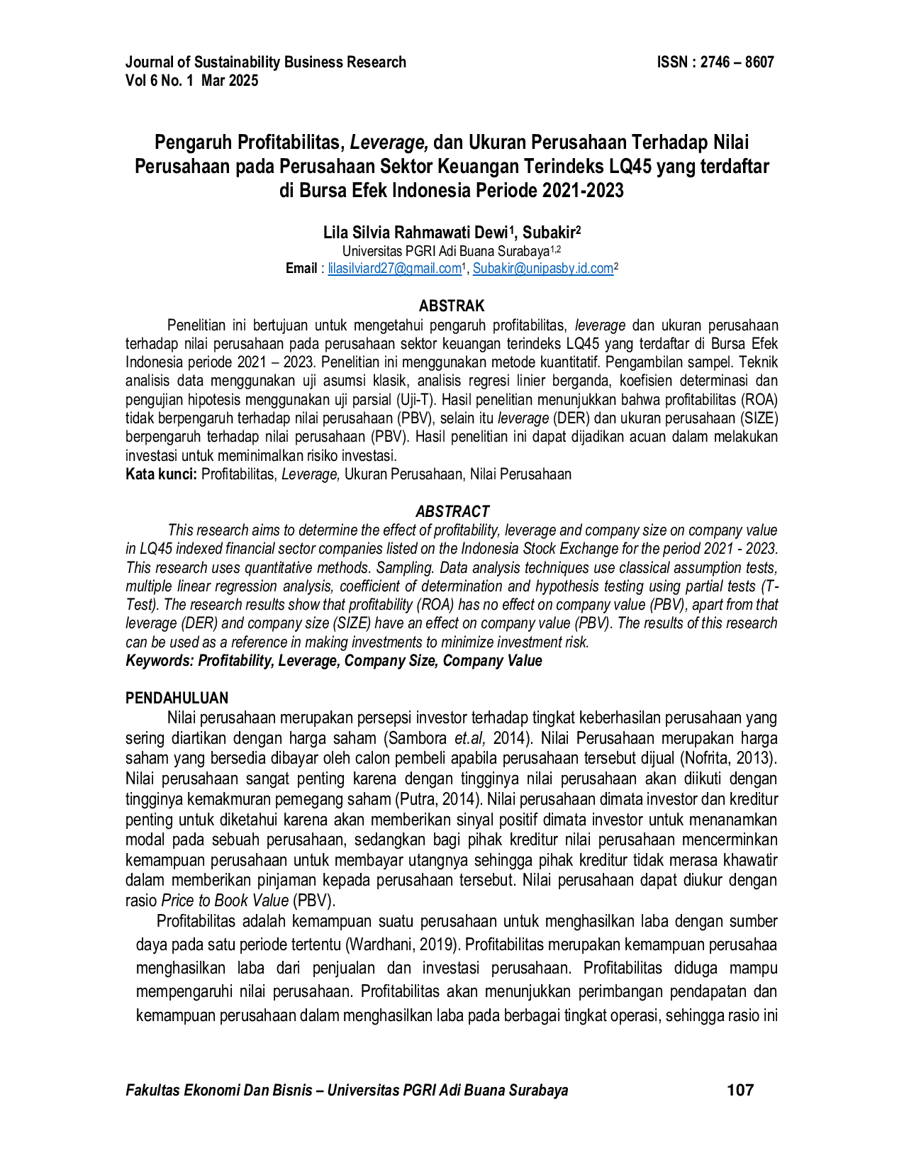 JURIS Pengaruh Profitabilitas Leverage dan Ukuran Perusahaan Terhadap Nilai Perusahaan pada Perusahaan Sektor Keuangan Terindeks LQ45 yang terdaftar di Bursa Efek Indonesia Periode 2021 2023