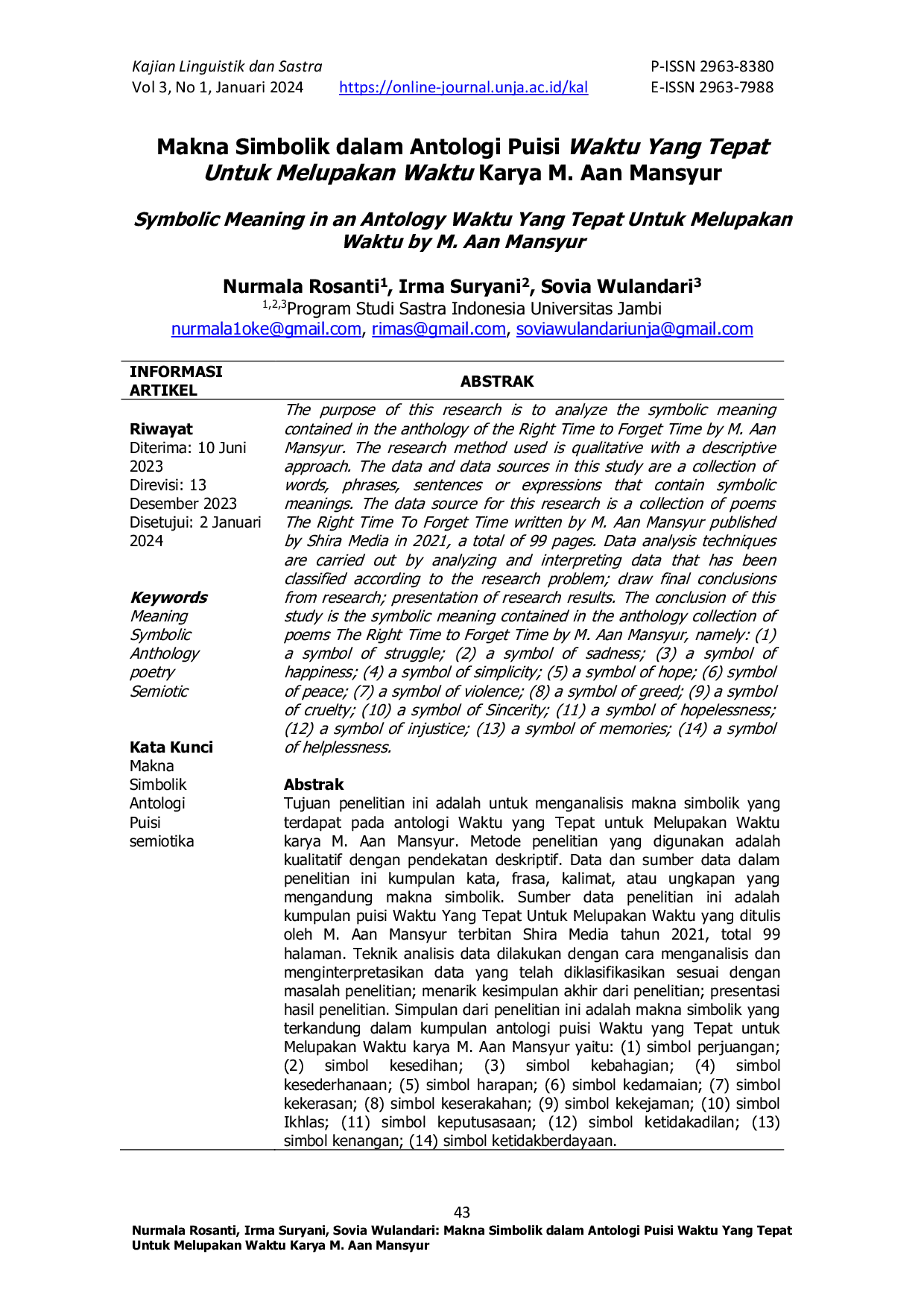 JURIS Makna Simbolik dalam Antologi Puisi Waktu Yang Tepat Untuk Melupakan Waktu Karya M Aan Mansyur