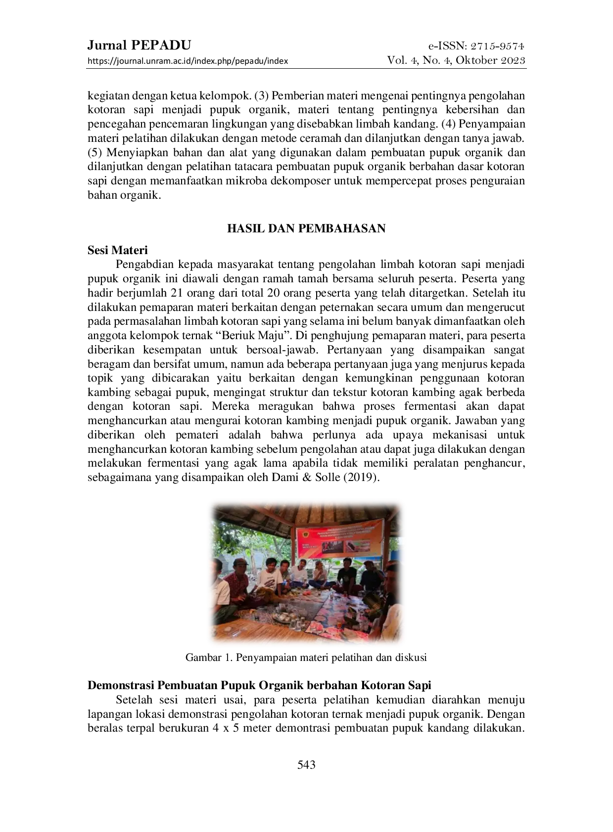 JURIS Pengolahan Limbah Kandang Sebagai Pupuk Organik Dengan Memanfaatkan Agen Pemacu Dekomposisi Di Desa Saribaye