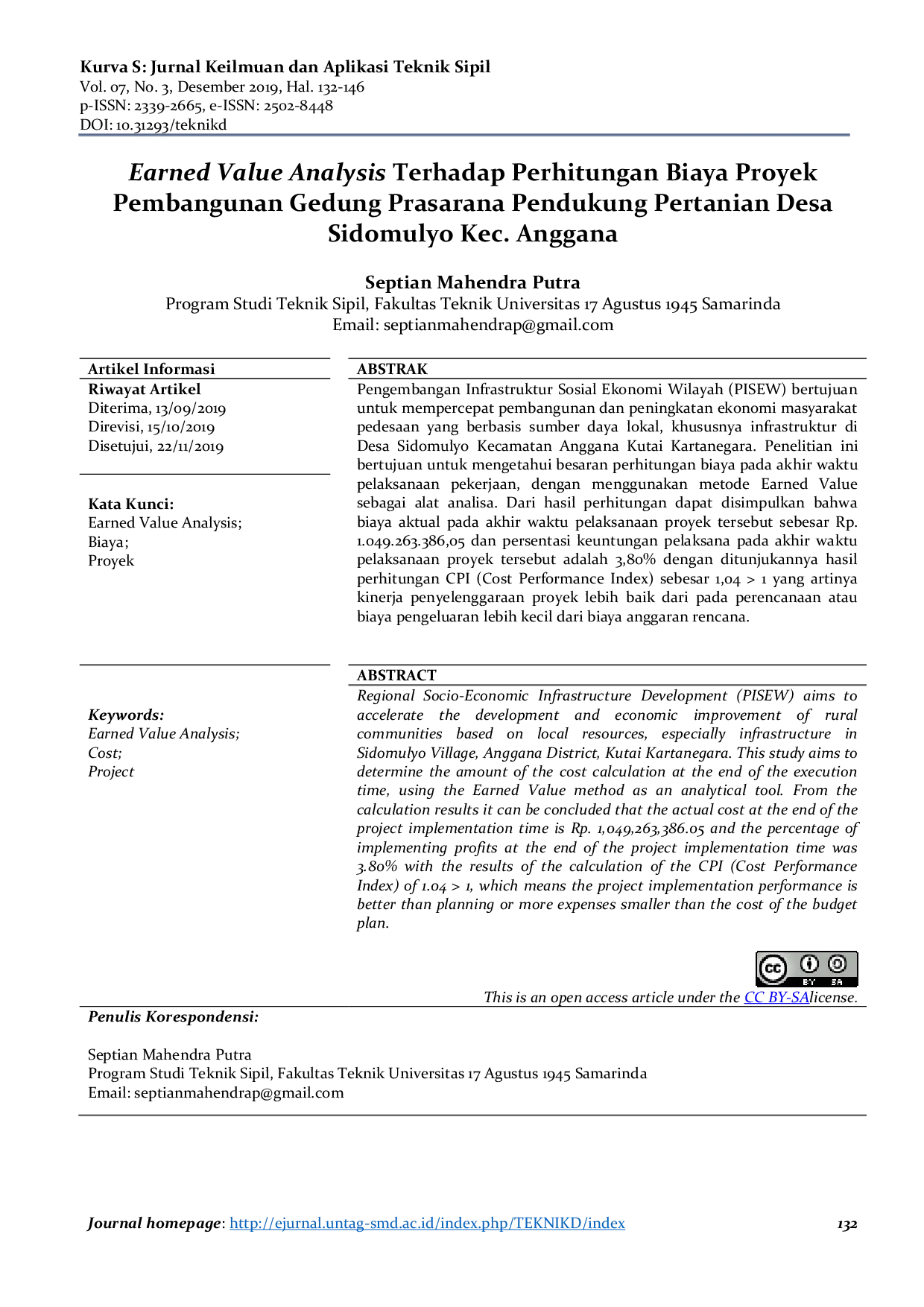 JURIS Earned Value Analysis Terhadap Perhitungan Biaya Proyek Pembangunan Gedung Prasarana Pendukung Pertanian Desa Sidomulyo Kec Anggana
