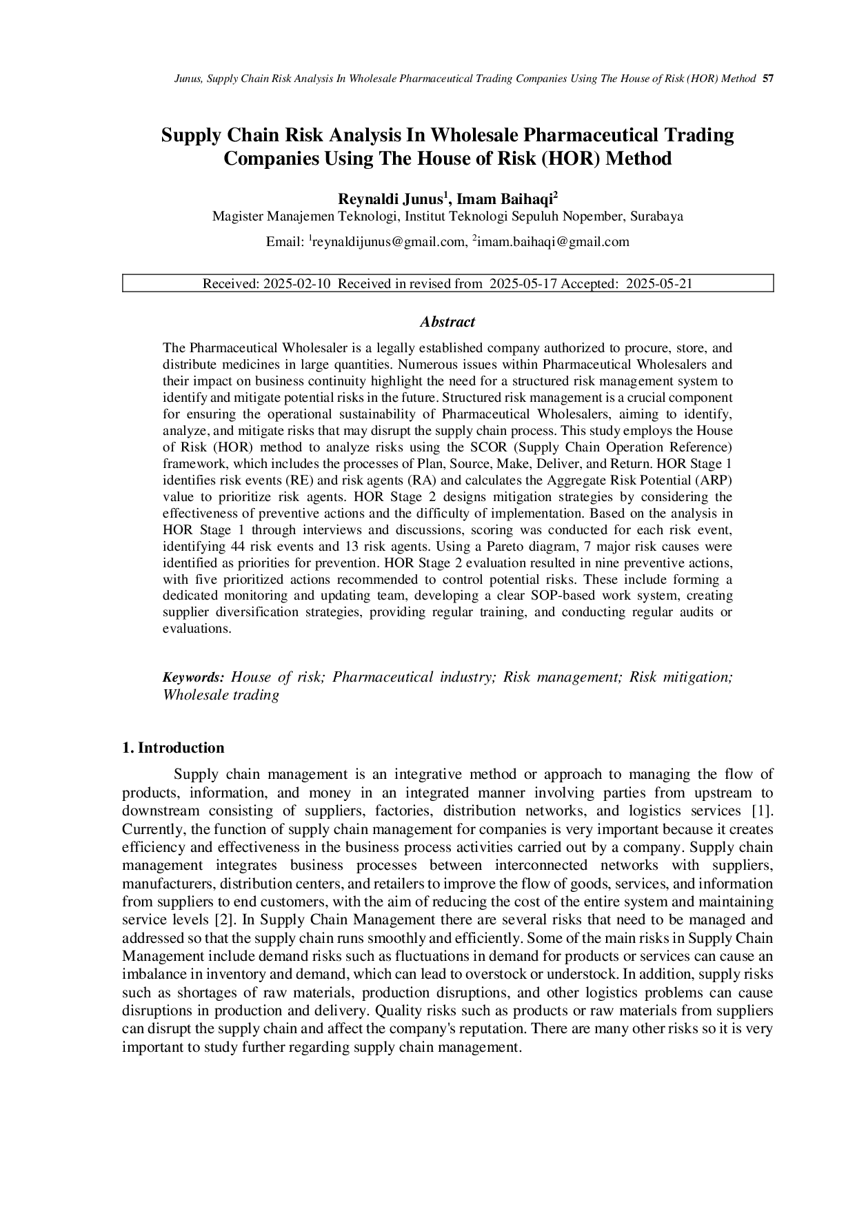 JURIS Supply Chain Risk Analysis In Wholesale Pharmaceutical Trading Companies Using The House Of Risk HOR Method